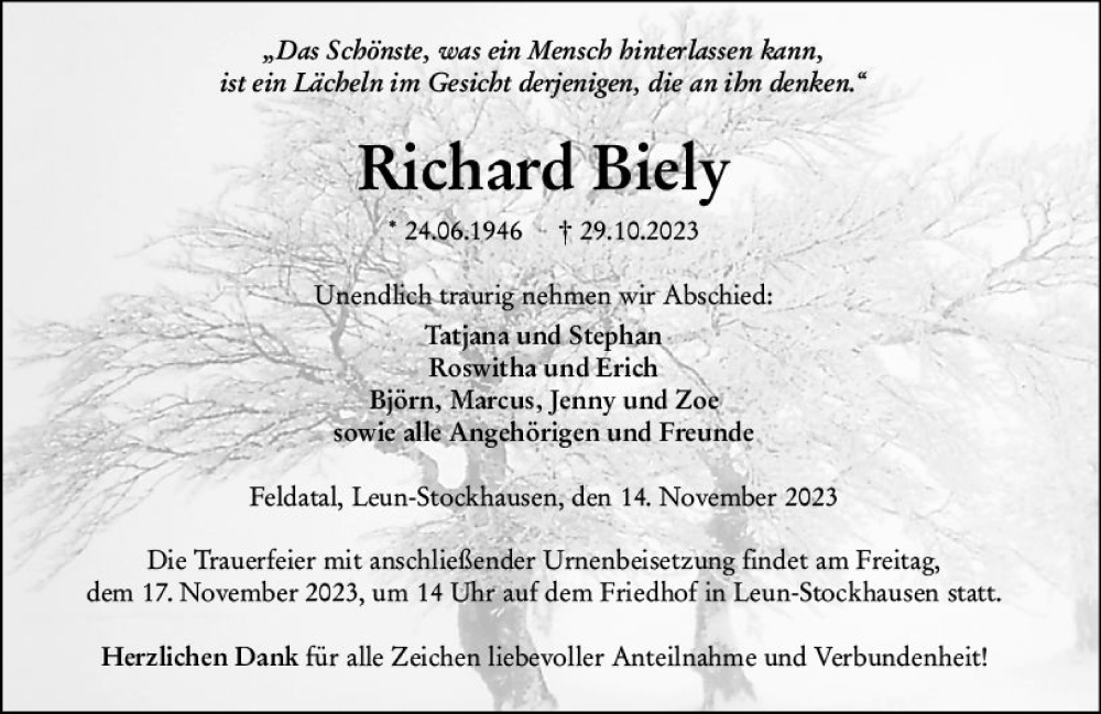  Traueranzeige für Richard Biely vom 14.11.2023 aus Wetzlarer Neue Zeitung
