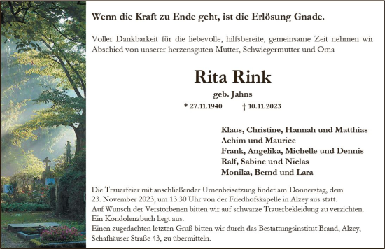 Traueranzeige von Rita Rink von Allgemeine Zeitung Alzey