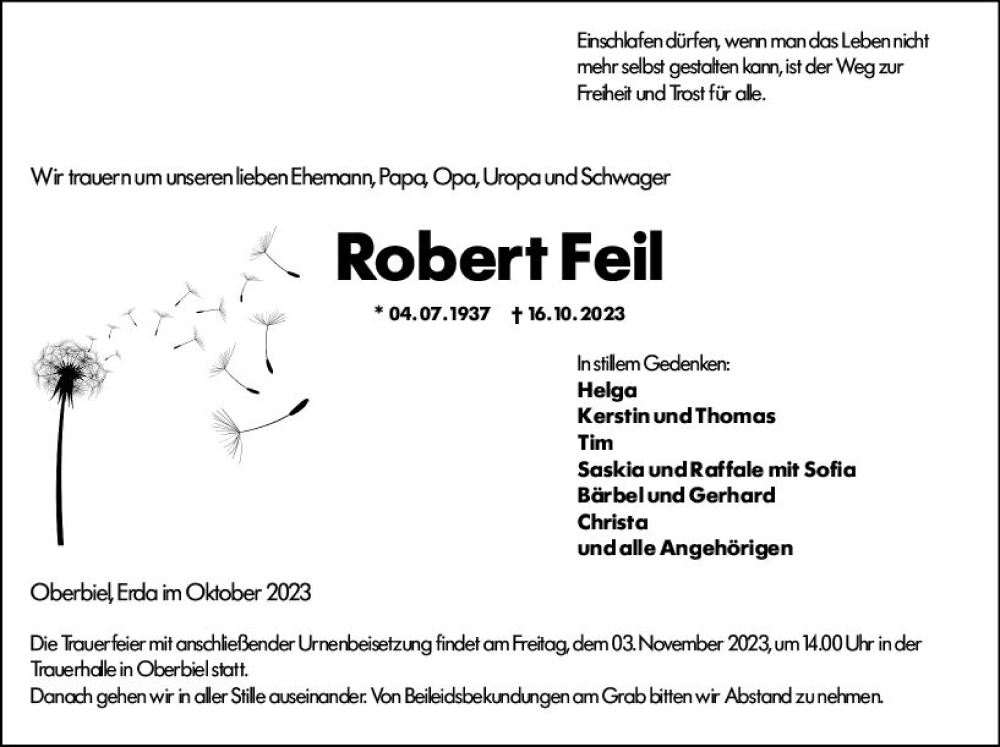  Traueranzeige für Robert Feil vom 01.11.2023 aus Wetzlarer Neue Zeitung