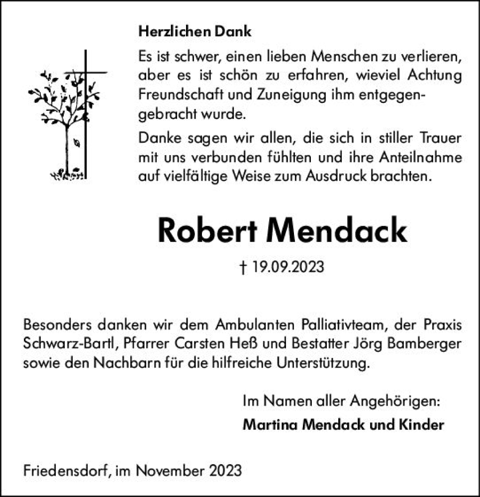  Traueranzeige für Robert Mendack vom 24.11.2023 aus Hinterländer Anzeiger