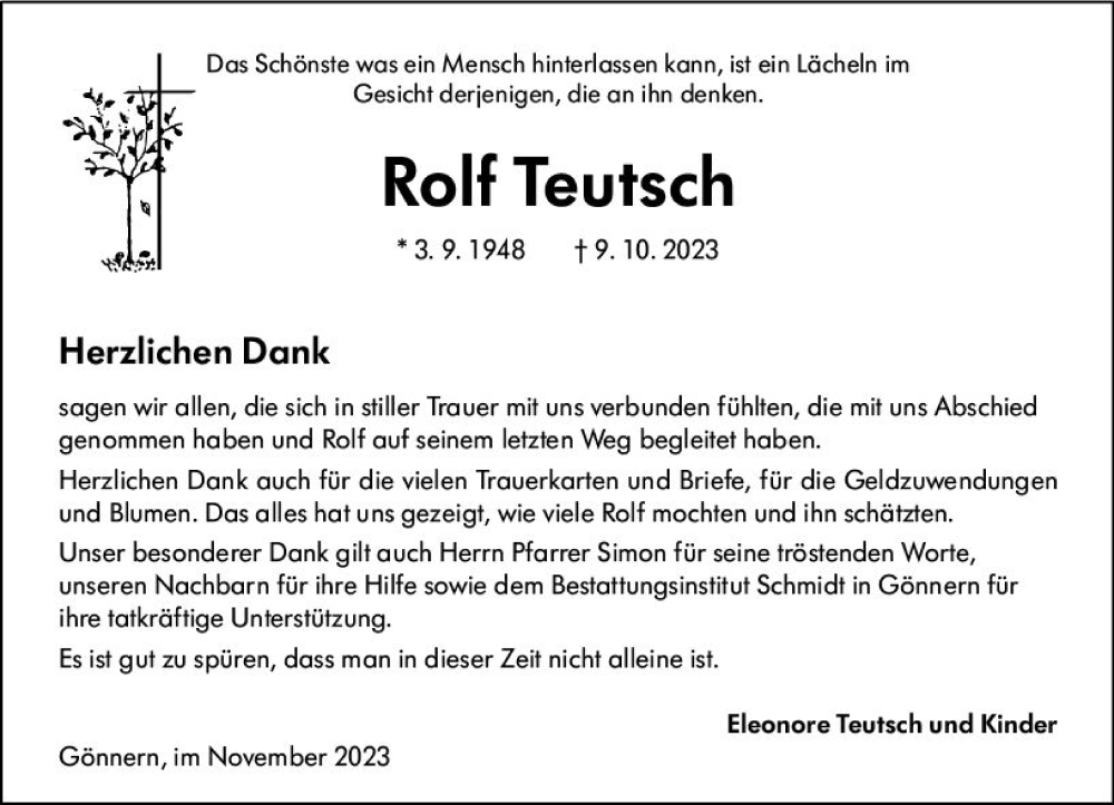  Traueranzeige für Rolf Teutsch vom 11.11.2023 aus Hinterländer Anzeiger