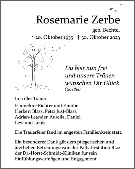 Traueranzeige von Rosemarie Zerbe von Wiesbadener Kurier
