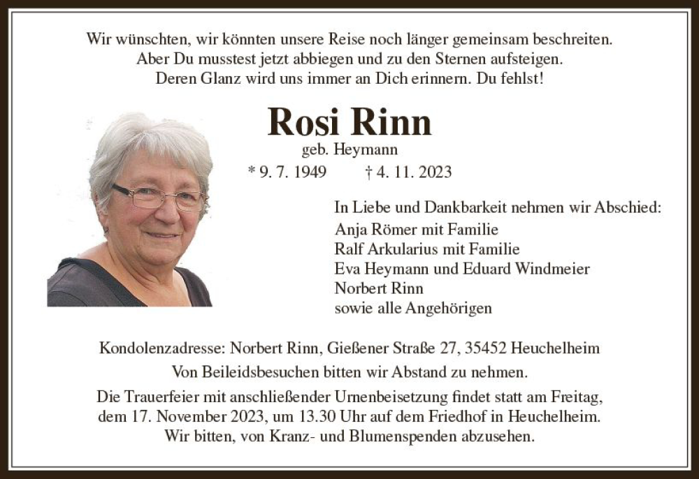 Traueranzeige für Rosi Rinn vom 11.11.2023 aus Hinterländer Anzeiger