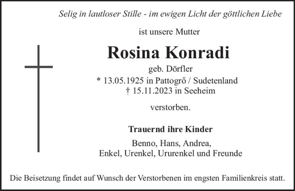  Traueranzeige für Rosina Konrad vom 25.11.2023 aus Odenwälder Echo