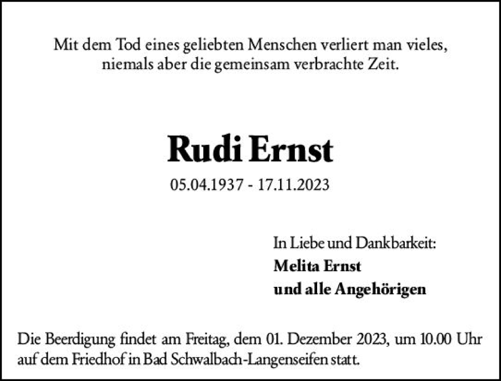  Traueranzeige für Rudi Ernst vom 30.11.2023 aus Idsteiner Land/Untertaunus