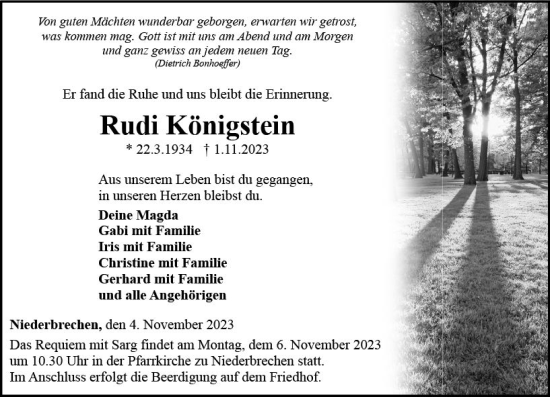 Traueranzeige von Rudi Königstein von Nassauische Neue Presse