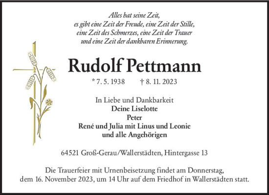 Traueranzeige von Rudolf Pettmann von Groß-Gerauer Echo