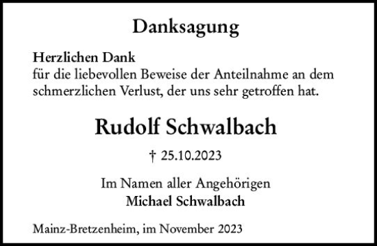 Traueranzeige von Rudolf Schwalbach von Allgemeine Zeitung Mainz