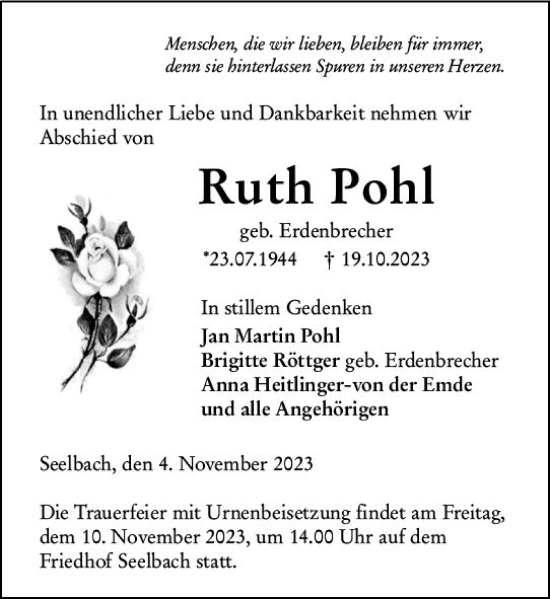 Traueranzeige von Ruth Pohl von Weilburger Tageblatt