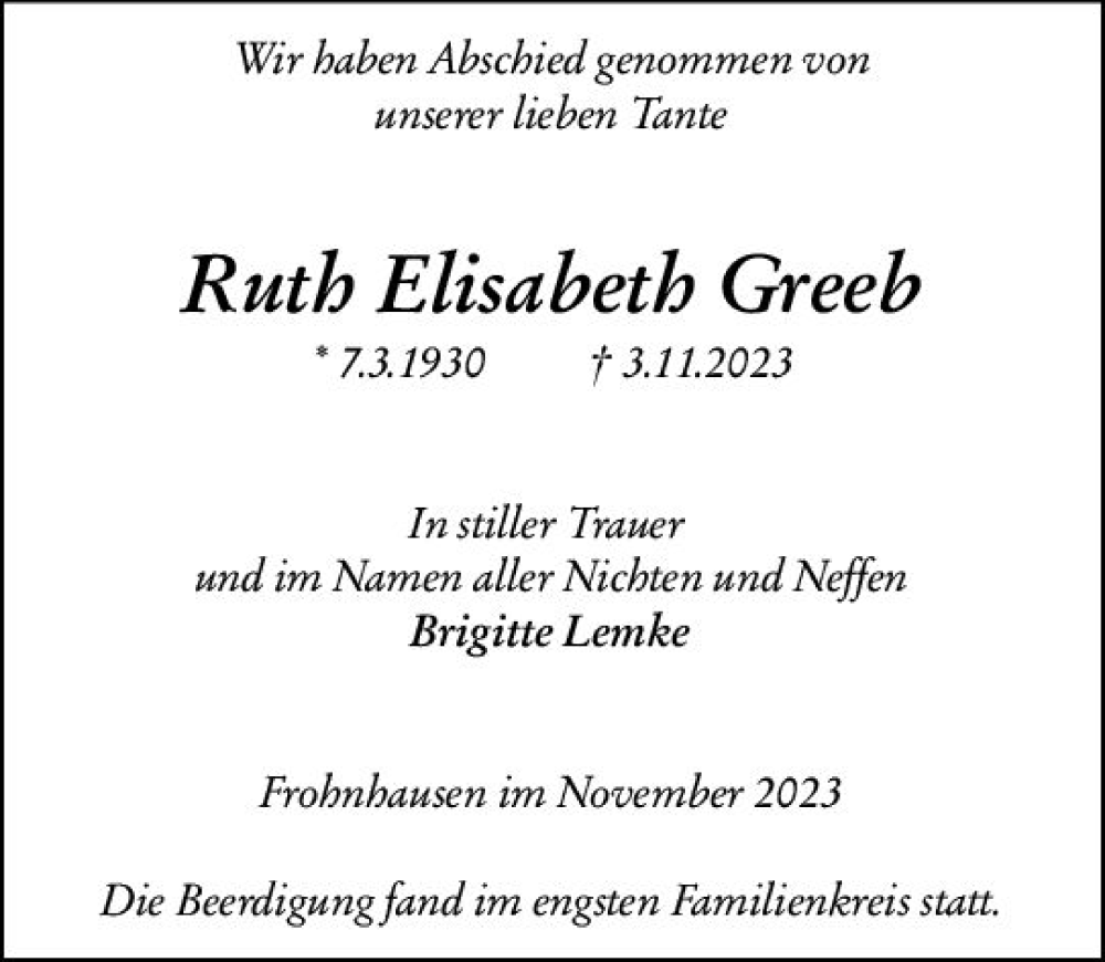  Traueranzeige für Ruth Elisabeth Greeb vom 09.11.2023 aus Dill Block