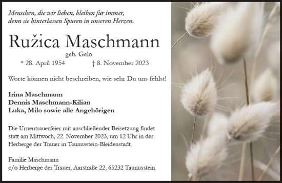 Traueranzeige von Ruzica Maschmann von Wiesbadener Kurier