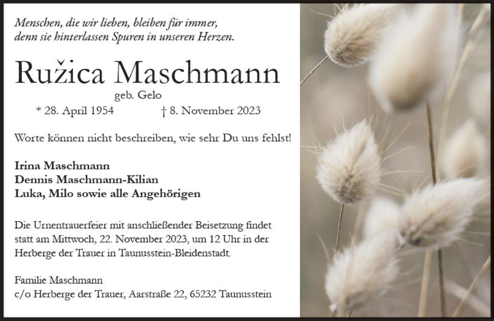  Traueranzeige für Ruzica Maschmann vom 18.11.2023 aus Wiesbadener Kurier