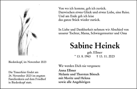 Traueranzeige von Sabine Heinek von Hinterländer Anzeiger