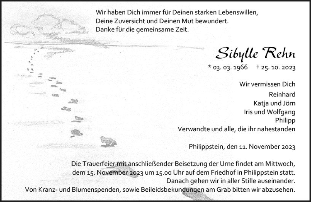  Traueranzeige für Sibylle Rehn vom 11.11.2023 aus Wetzlarer Neue Zeitung