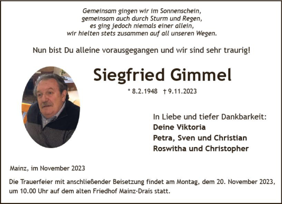 Traueranzeige von Siegfried Gimmel von Allgemeine Zeitung Mainz