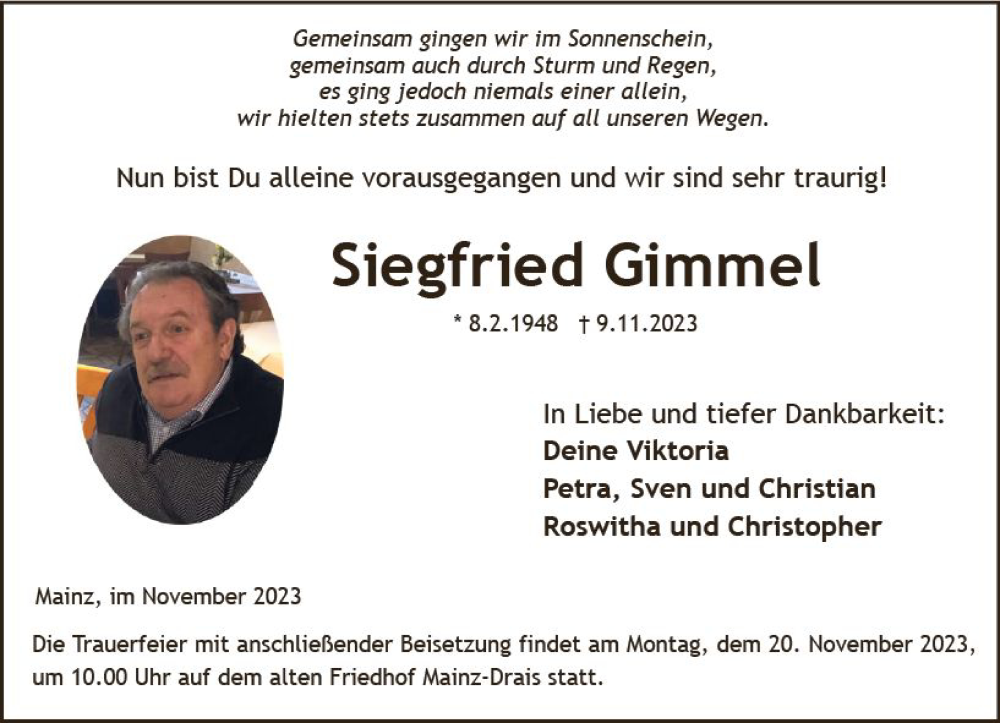  Traueranzeige für Siegfried Gimmel vom 18.11.2023 aus Allgemeine Zeitung Mainz