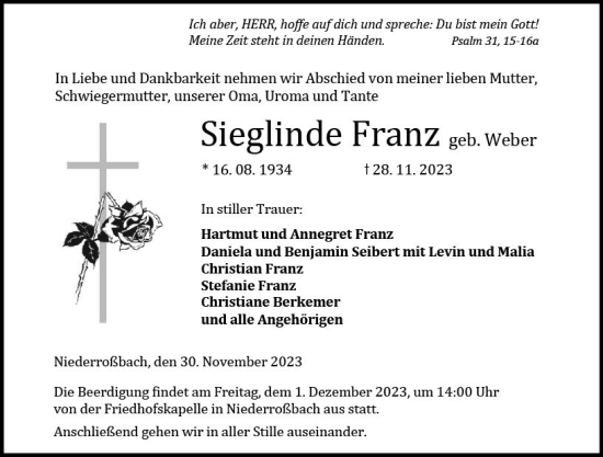 Traueranzeige von Sieglinde Franz von Dill Block