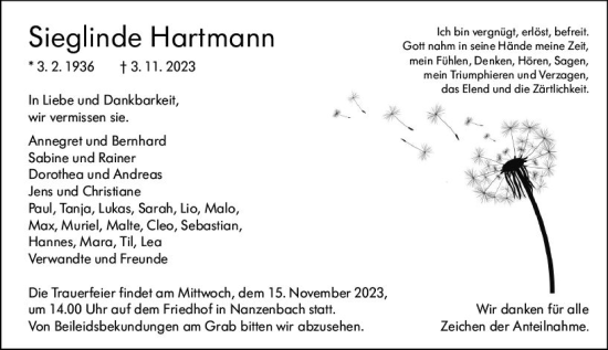 Traueranzeige von Sieglinde Hartmann von Dill Block