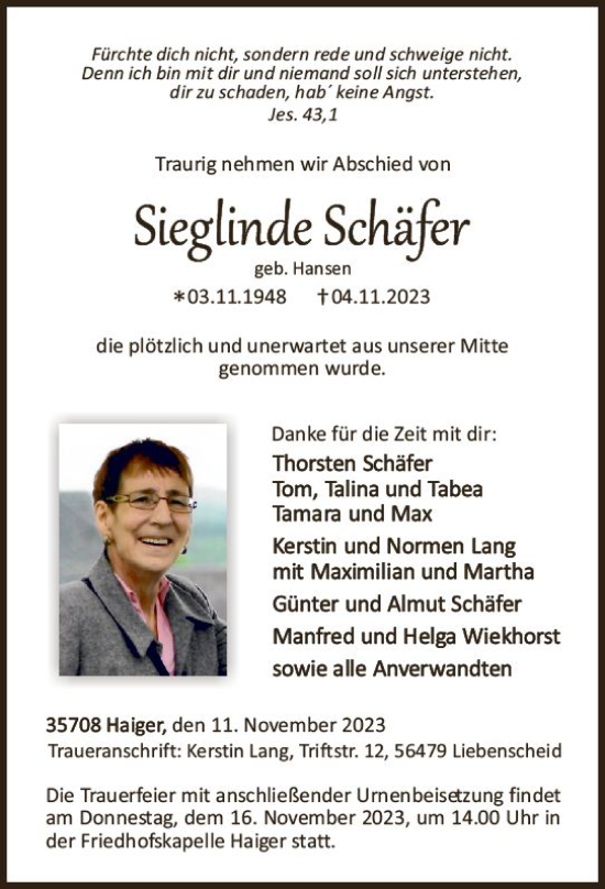 Traueranzeige von Sieglinde Schäfer von Dill Block