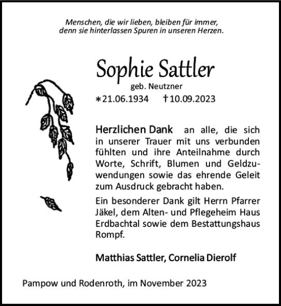 Traueranzeige von Sophie Sattler von Dill Block