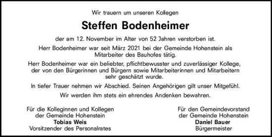 Traueranzeige von Steffen Bodenheimer von Idsteiner Land/Untertaunus