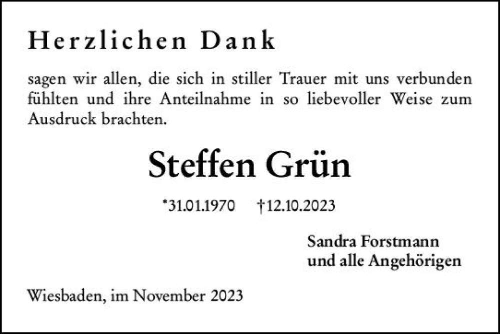  Traueranzeige für Steffen Grün vom 13.11.2023 aus Weilburger Tageblatt