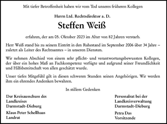 Traueranzeige von Steffen Weiß von Darmstädter Echo