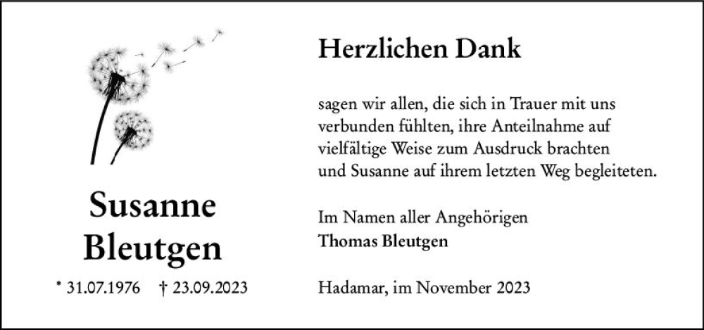  Traueranzeige für Susanne Bleutgen vom 04.11.2023 aus Nassauische Neue Presse