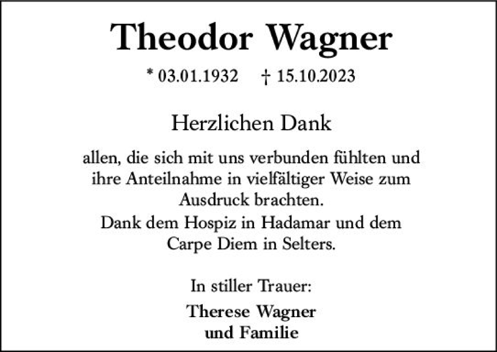  Traueranzeige für Theodor Wagner vom 30.11.2023 aus Camberger Anzeiger