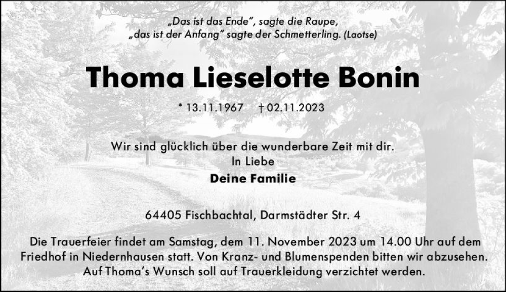  Traueranzeige für Thoma Lieselotte Bonin vom 08.11.2023 aus Darmstädter Echo