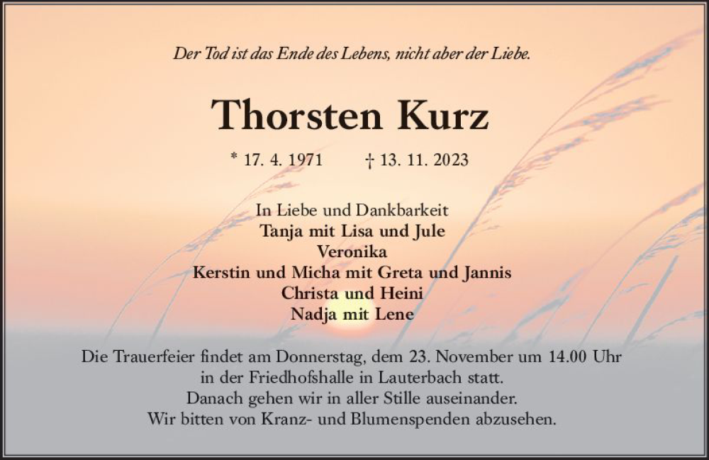  Traueranzeige für Thorsten  Kurz vom 18.11.2023 aus VRM Trauer