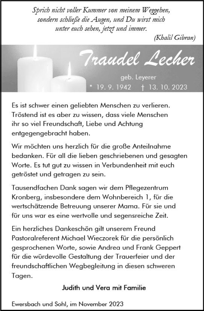  Traueranzeige für Traudel Lecher vom 04.11.2023 aus Dill Block