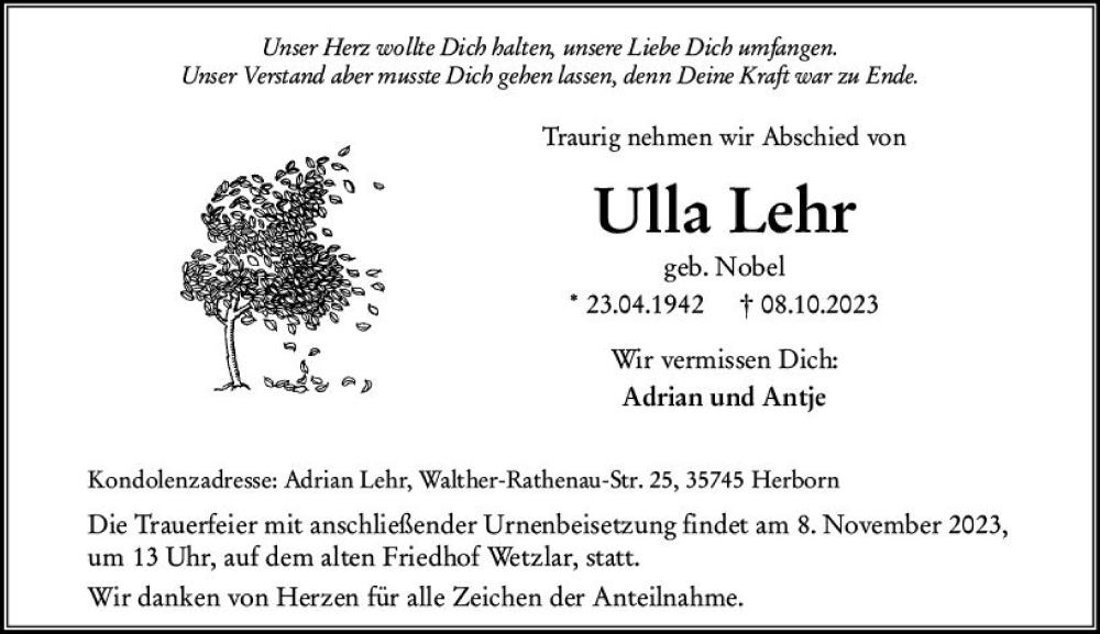  Traueranzeige für Ulla Lehr vom 04.11.2023 aus Dill Block