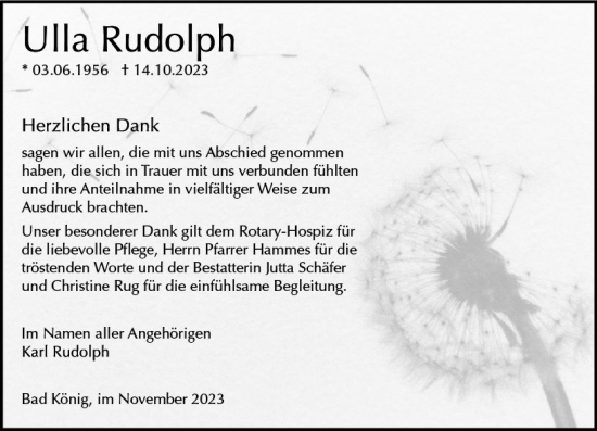 Traueranzeige von Ulla Rudolph von Odenwälder Echo