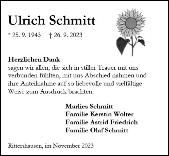 Traueranzeige von Ulrich Schmitt von Dill Block