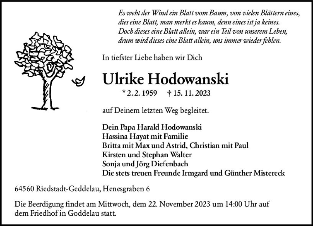  Traueranzeige für Ulrike Hodowanski vom 18.11.2023 aus Groß-Gerauer Echo