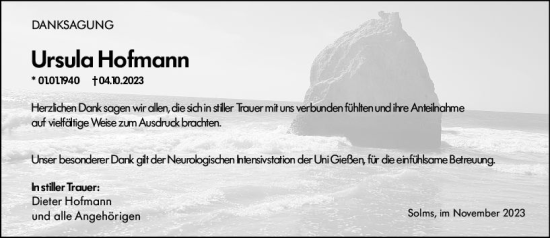 Traueranzeige von Ursula Hofmann von Wetzlarer Neue Zeitung