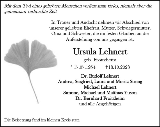 Traueranzeige von Ursula Lehnert von Allgemeine Zeitung Mainz