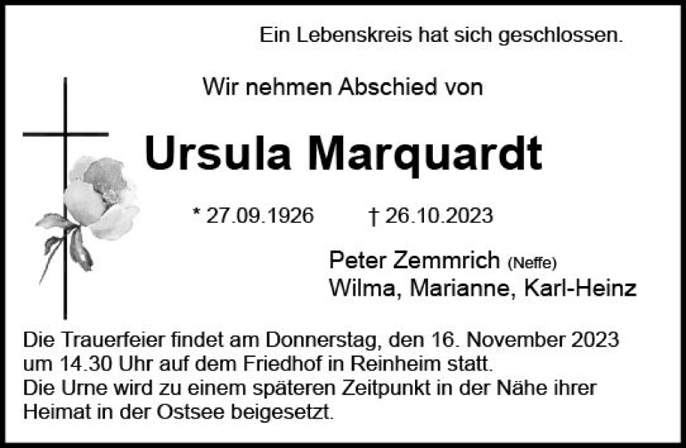  Traueranzeige für Ursula Marquardt vom 11.11.2023 aus Darmstädter Echo