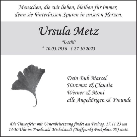 Traueranzeige von Ursula Metz von Odenwälder Echo