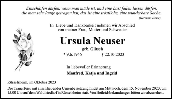 Traueranzeige von Ursula Neuser von Rüsselsheimer Echo