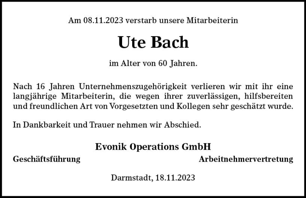  Traueranzeige für Ute Bach vom 18.11.2023 aus Darmstädter Echo