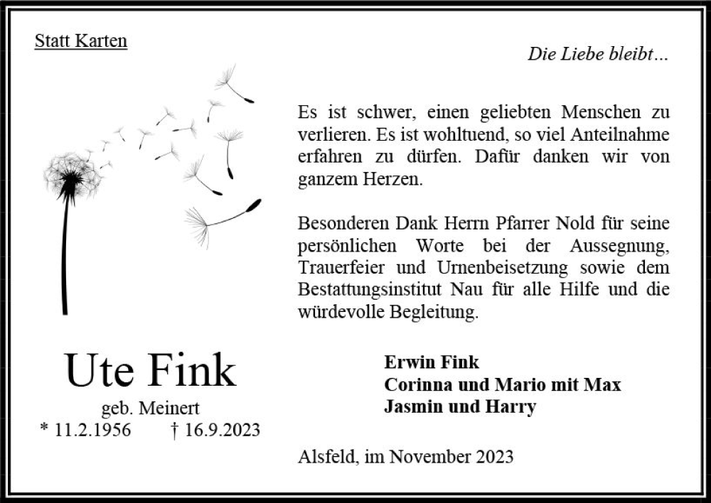  Traueranzeige für Ute Fink vom 04.11.2023 aus Oberhessen Kurier