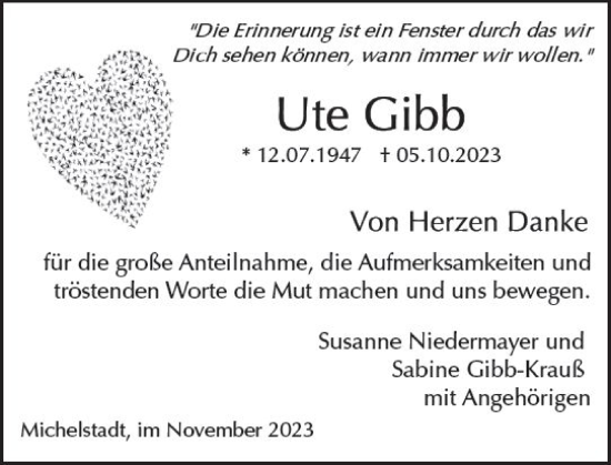 Traueranzeige von Ute Gibb von Odenwälder Echo