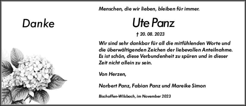  Traueranzeige für Ute Panz vom 11.11.2023 aus Wetzlarer Neue Zeitung
