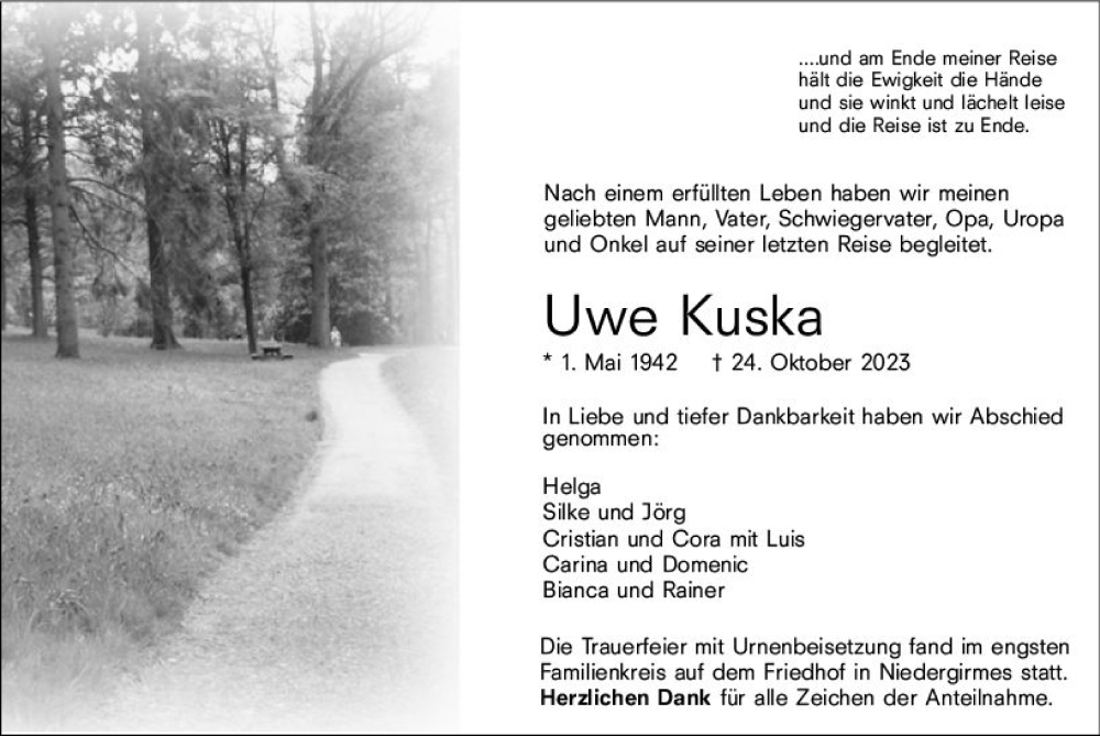  Traueranzeige für Uwe Kuska vom 11.11.2023 aus Wetzlarer Neue Zeitung