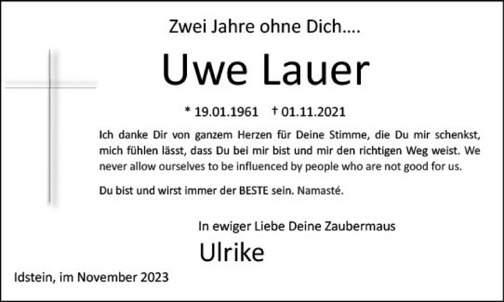  Traueranzeige für Uwe Lauer vom 01.11.2023 aus Wiesbadener Kurier