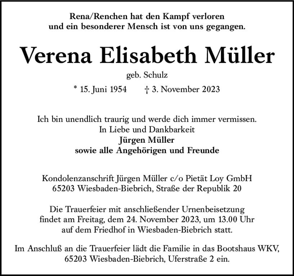  Traueranzeige für Verena Elisabeth Müller vom 18.11.2023 aus Wiesbadener Kurier