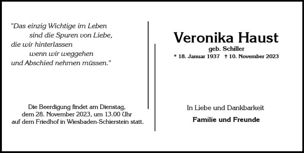  Traueranzeige für Veronika Haust vom 18.11.2023 aus Wiesbadener Kurier