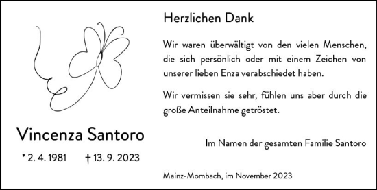 Traueranzeige von Vincenza Santoro von Allgemeine Zeitung Mainz